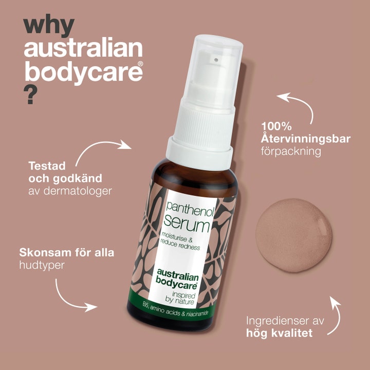 Australian Bodycare Panthenol Serum 30 ml fuktighetsgivende ansiktsserum i brun flaske med hvit pumpe og infografikk.