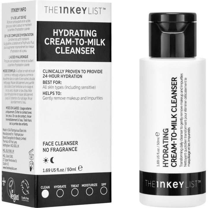 The INKEY List Hydrating Cream to Milk Cleanser 50 ml ansiktsrens i hvit tube og eske som gir fuktighet.