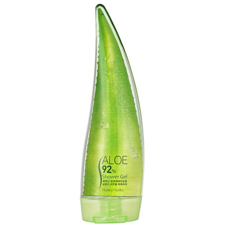 Holika Holika Aloe 92% Shower Gel 250ml fuktighetsgivende dusjgelé i grønn flaske formet som et friskt aloe vera blad
