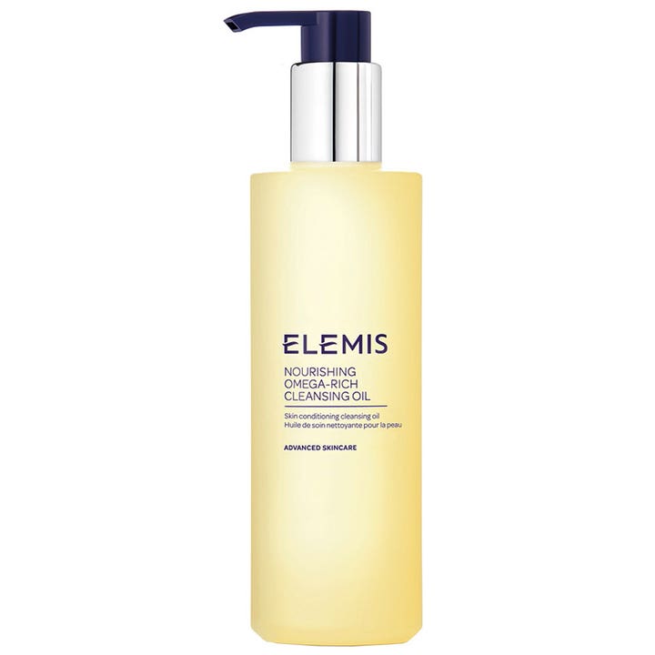 Elemis Nourishing Omega-Rich Cleansing Oil 195ml nærende renseolje i frostet flaske med blå og sølv pumpe