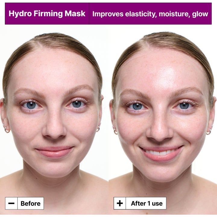 Dr.Jart+ Hydro Firming Mask 30 g ansiktsmaske før og etter bruk som gir fuktighet og forbedret glød