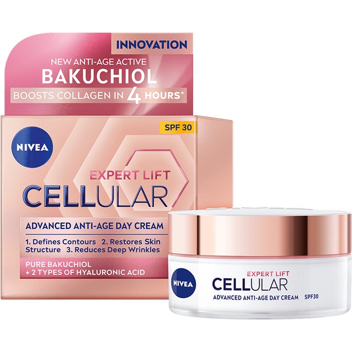 Nivea Cellular Expert Lift Day Cream 50ml reduserer rynker i hvit krukke med rosegullfarget lokk og eske.