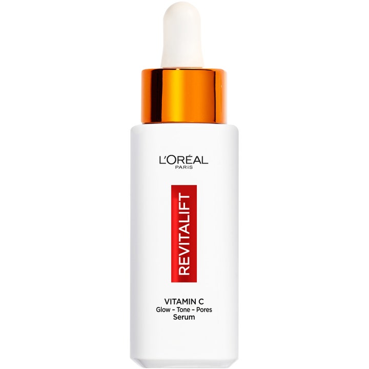 L'Oréal Paris Revitalift Vitamin C Serum 30 ml glødgivende ansiktsserum i hvit flaske med oransje metalldetaljer