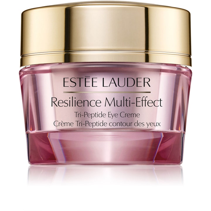 Estée Lauder Resilience Multi-Effect Tri-Peptide Eye Creme oppstrammende øyekrem i elegant rosa glass med gullokk.