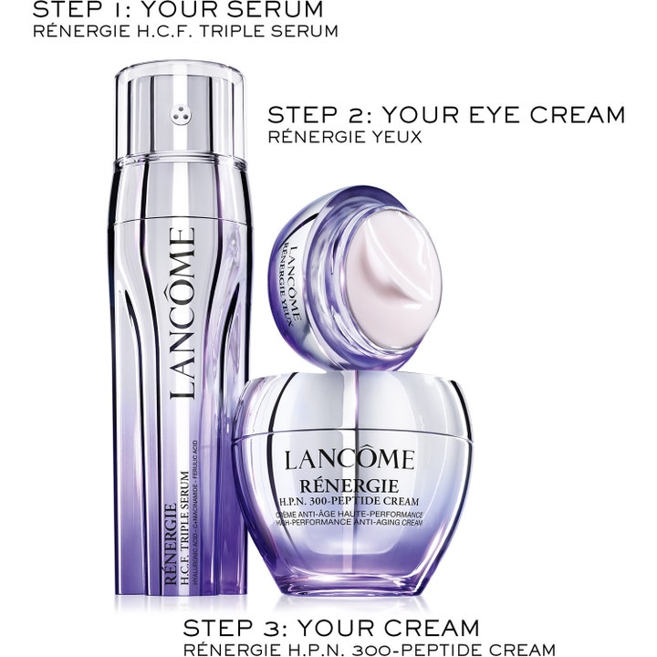 Lancôme Rénergie hudpleiesett med serum og ansiktskrem i lilla krukker som gir huden fornyet glød og fukt.