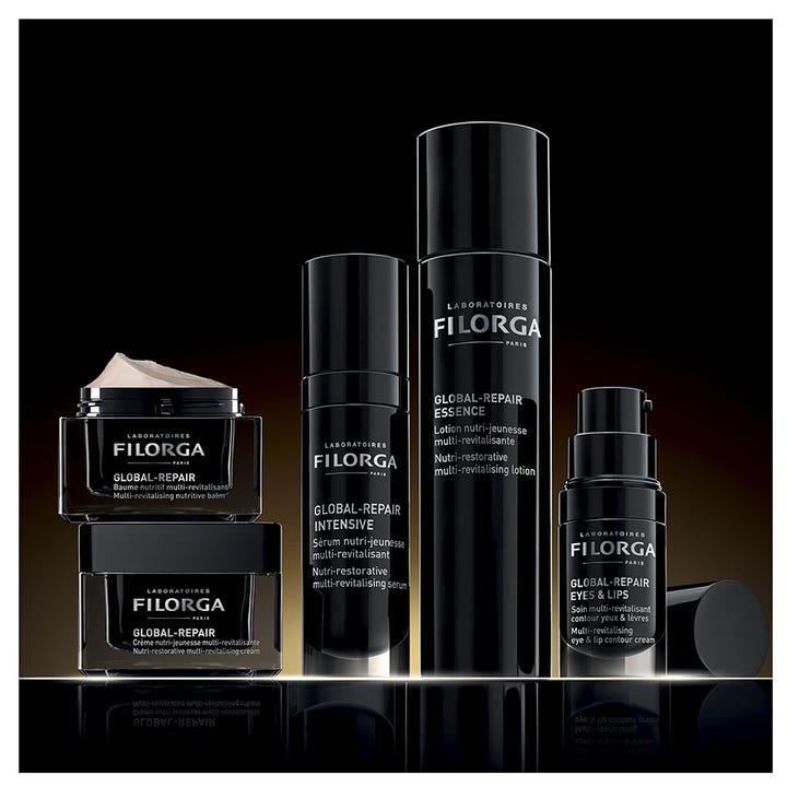 Filorga Global-Repair Balm 50 ml nærende ansiktskrem i sort krukke sammen med andre produkter i serien