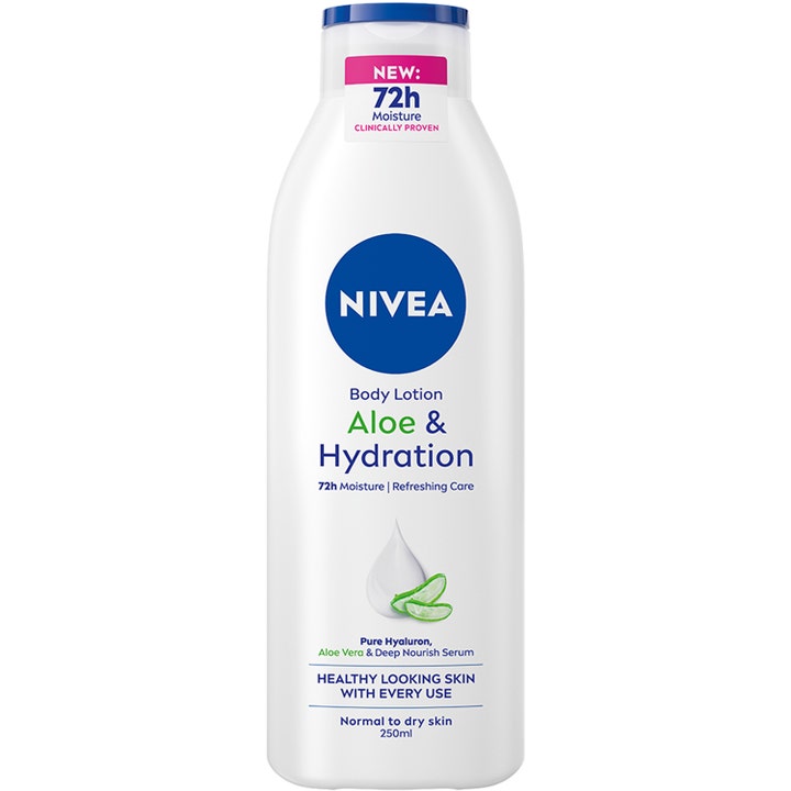 Nivea Aloe & Hydration 250ml fuktighetsgivende kroppslotion med hyaluron i hvit flaske med aloe vera-dekor