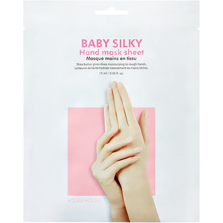 Holika Holika Baby Silky Hand Mask Sheet 15 ml fuktighetsgivende håndmaske i hvit og rosa engangspakning