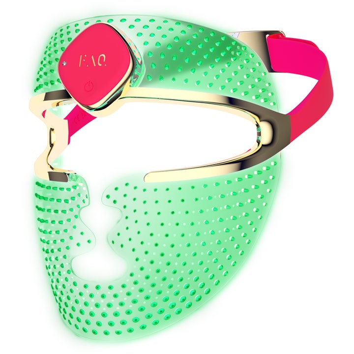 FAQ Swiss 201 Ultra-Lightweight Silicone RGB LED Face Mask 1 stk gir glød i grønnlysende silikon med gulldetaljer.