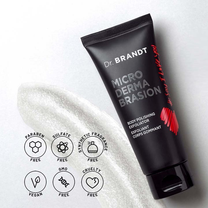 Dr Brandt Microdermabrasion Body Exfoliator 100 g vegansk kroppsskrubb i svart tube med hvit kornete tekstur.