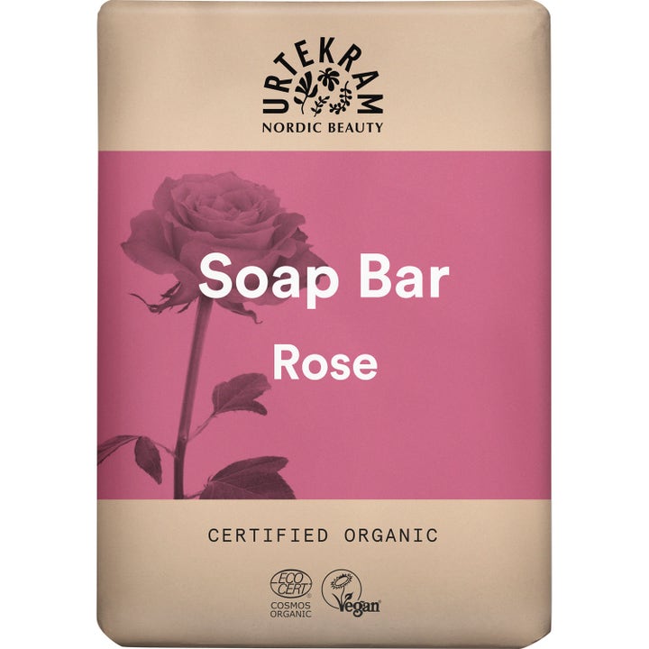 Urtekram Rose Soap Bar økologisk fast såpe i beige papiremballasje med et bredt rosa bånd og en rose