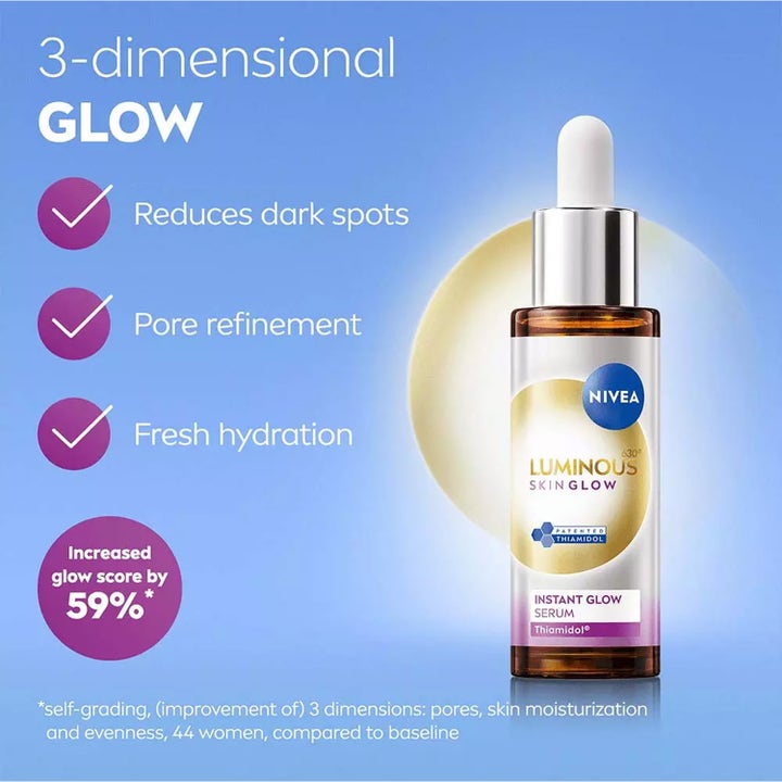 NIVEA Luminous630 Skin Glow Instant Glow 30 ml ansiktsserum i glassflaske med pipett som reduserer mørke flekker