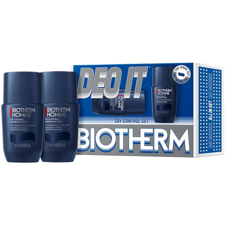 Biotherm Homme Day Control Set 2 x 75 ml antiperspirant gir 48 timer beskyttelse i to mørkeblå roll-on flasker med eske