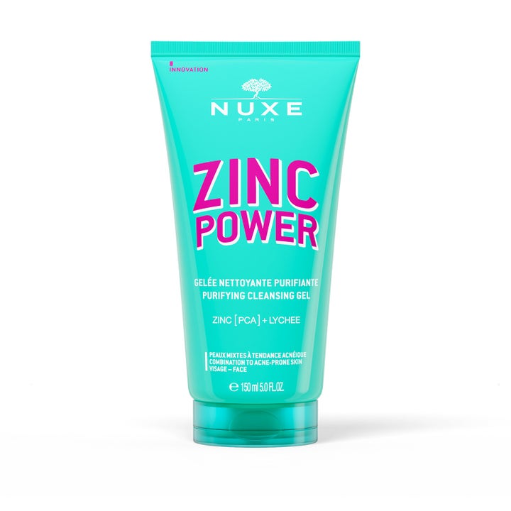 Nuxe Zinc Power 150 ml rensende ansiktsgel med sink mot urenheter i en turkis plasttube med rosa tekst