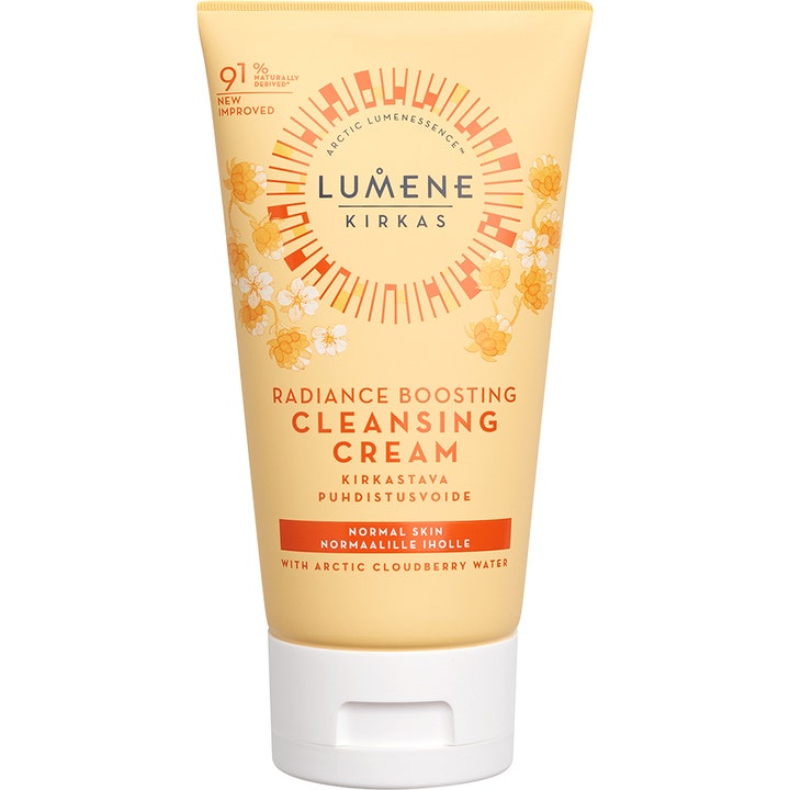 Lumene Kirkas Radiance Boosting Cleansing Cream 150 ml glødgivende rensekrem i gul tube med multer og hvitt lokk.