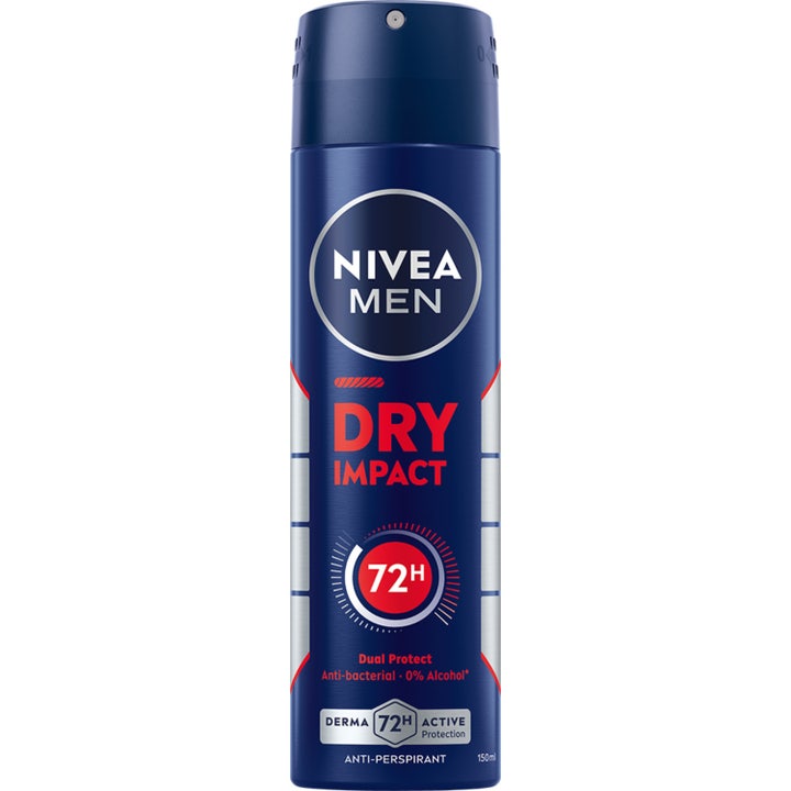 Nivea Men Dry Impact 150 ml deodorantspray gir 72 timers beskyttelse i en mørkeblå metallflaske med rød skrift.