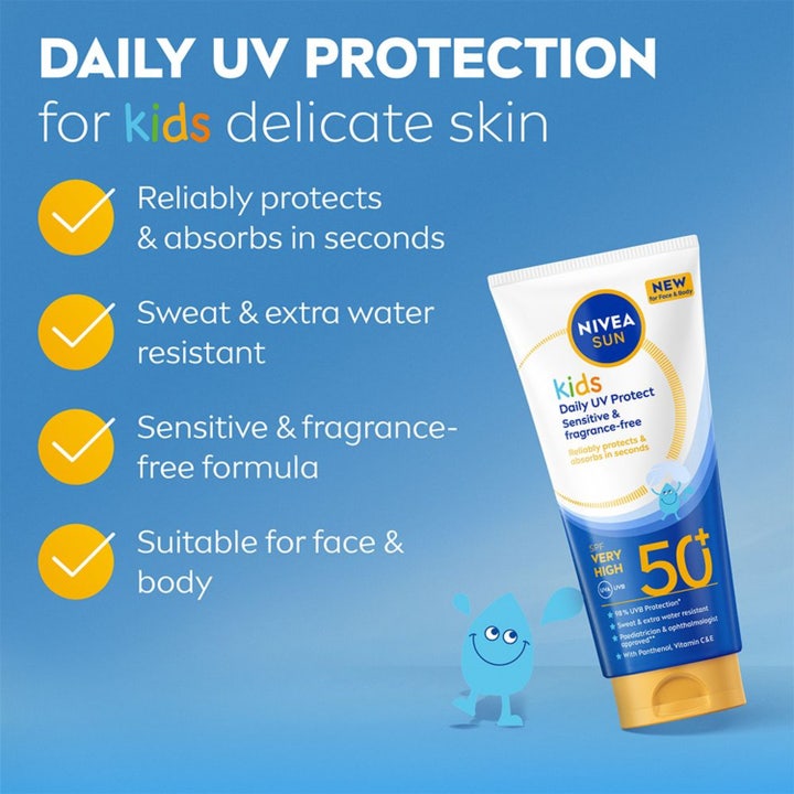NIVEA Kids Daily UV Protect SPF50+ 100 ml solkrem gir meget høy beskyttelse i hvit og blå tube med gult lokk