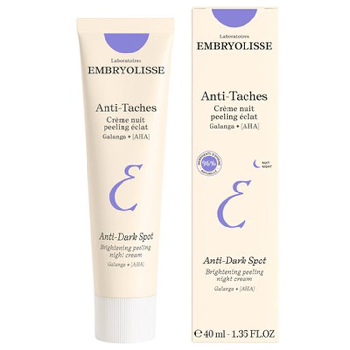 Embryolisse Anti-Dark Spot Night Cream 40 ml eksfolierende nattkrem som gir glød i beige tube med lilla detaljer.