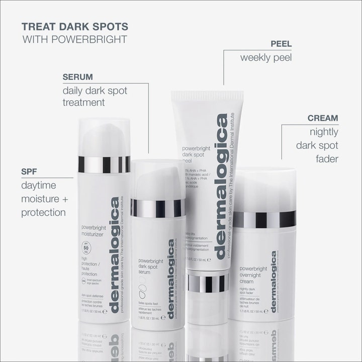 Dermalogica PowerBright Dark Spot System hudpleiesett med SPF, serum, peel og nattkrem i hvite flasker med sølv.