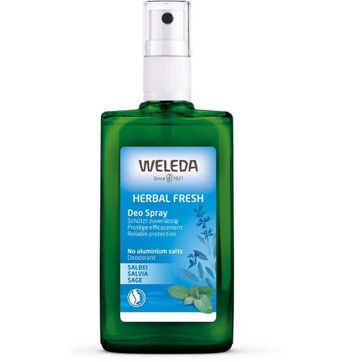 Weleda Herbal Fresh Deo Spray 100 ml deospray i grønn glassflaske med hvit spraypumpe mot dårlig lukt.
