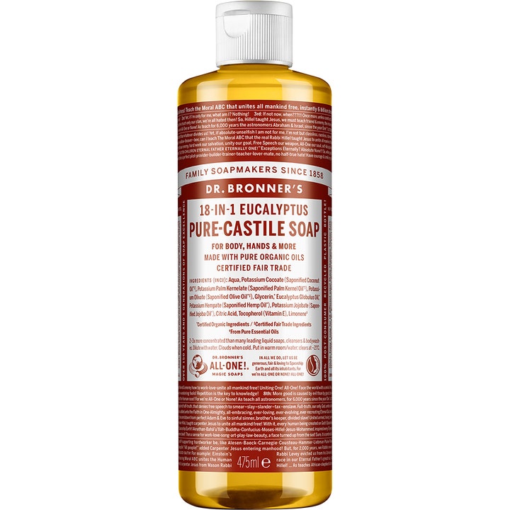 Dr. Bronner's 18-in-1 Eucalyptus Pure-Castile Soap 475 ml rengjørende såpe i gjennomsiktig flaske med gyllen væske.