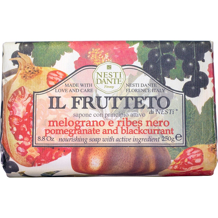 Nesti Dante Il Frutteto Pomegranate and Blackcurrant 250g nærende såpe i papir med motiv av granateple og solbær