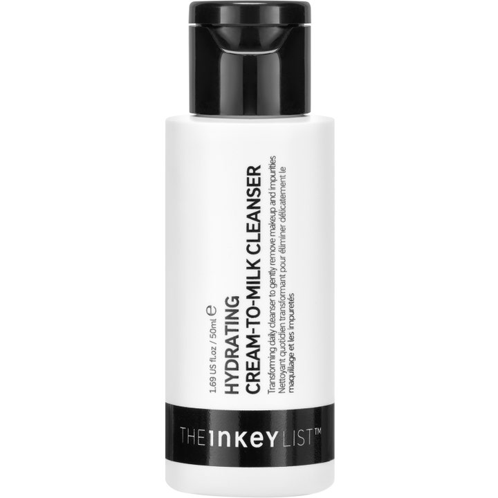 The Inkey List Hydrating Cream-to-Milk Cleanser 50 ml fuktighetsgivende ansiktsrens på hvit flaske med sort kork.