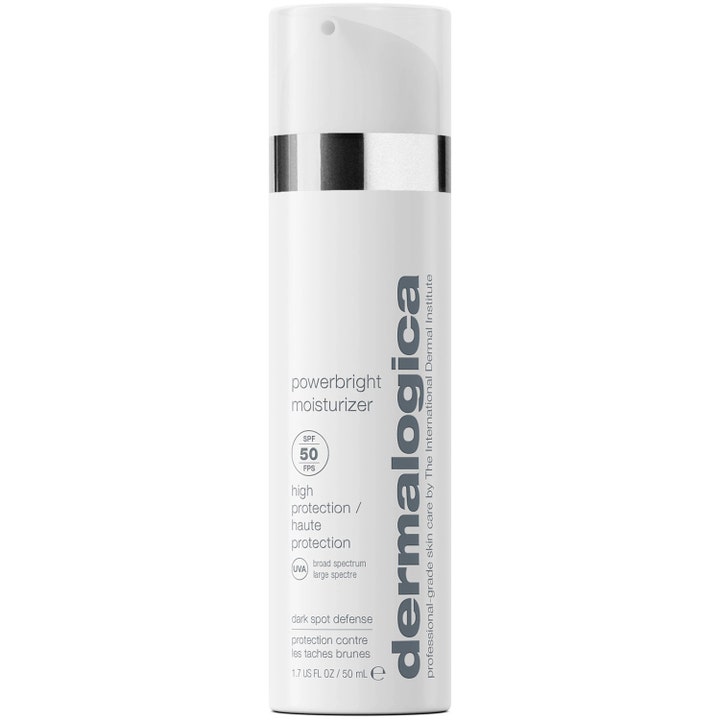 Dermalogica Powerbright Moisturizer 50 ml SPF 50 ansiktskrem mot pigmentflekker i hvit pumpeflaske med sølvdetaljer