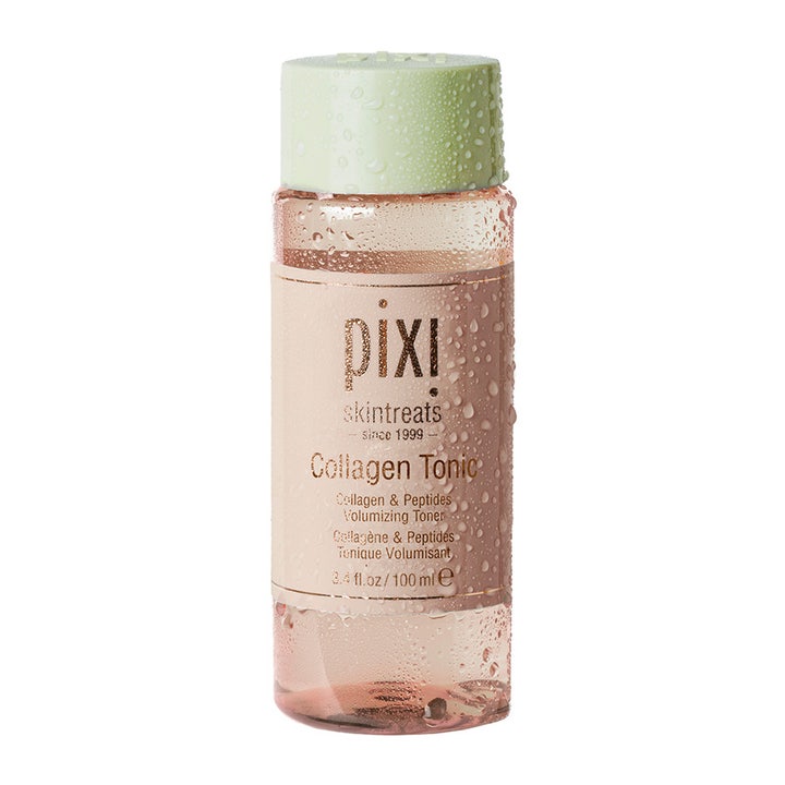 Pixi Collagen Tonic 100 ml volumgivende toner med peptider i rosa flaske med lysegrønt lokk og vanndråper