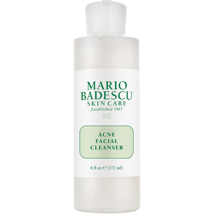 Mario Badescu Acne Facial Cleanser 177 ml dyprensende ansiktsrens i frostet plastflaske med hvit etikett og grønn tekst