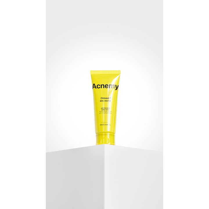 Niche Beauty Lab Acnemy Zitmask 100 ml eksfolierende ansiktsmaske i gul tube med BHA og svovel mot urenheter.