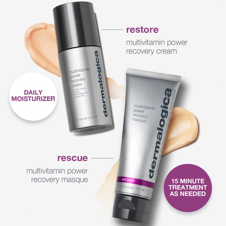 Dermalogica Stressed Skin Recovery System 50ml og 75ml fuktighetsgivende ansiktspleie i grå tuber med kremet tekstur.