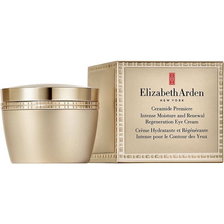 Elizabeth Arden Ceramide Premiere Regeneration Eye Cream fuktighetsgivende øyekrem i gullfarget krukke og eske
