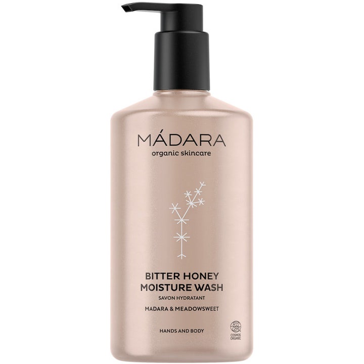 Mádara Bitter Honey Moisture Wash fuktgivende kroppssåpe i beige metallisk flaske med praktisk sort pumpe