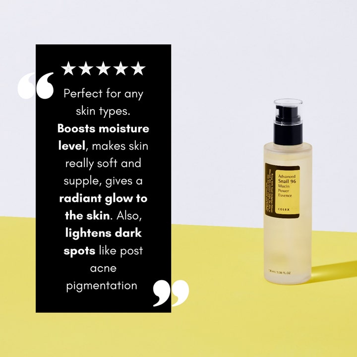 COSRX Advanced Snail 96 Mucin Power Essence 100 ml fuktighetsgivende hudpleie ved siden av en svart infoboks