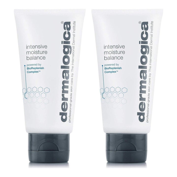 Dermalogica Intensive Moisture Balance fuktighetskrem for tørr hud i to hvite tuber med mørkegrå korker