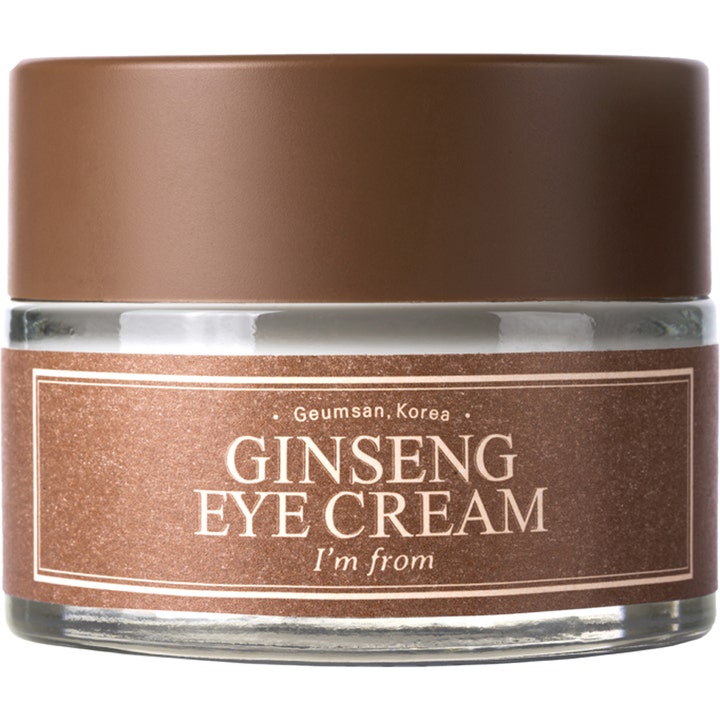 I'm from Ginseng Eye Cream revitaliserende øyekrem i glasskrukke med brunt lokk og skinnende etikett