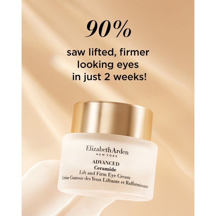 Elizabeth Arden Ceramide Lift & Firm Eye Cream 15 ml oppstrammende øyekrem i krukke med tekst om 90% fastere blikk