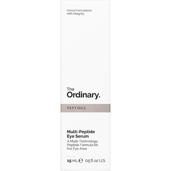 The Ordinary Multi-Peptide Eye Serum 15 ml pleiende øyeserum i hvit ytteremballasje med grått Peptides-felt.