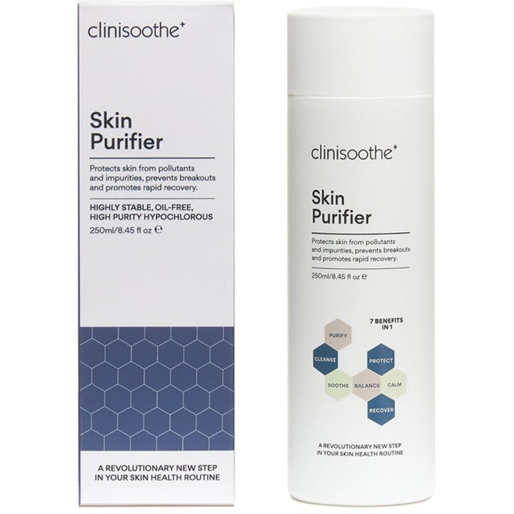 Clinisoothe Skin Purifier Toner Duo 250 ml x2 rensende ansiktsvann i hvit flaske og eske med blått bikubemønster
