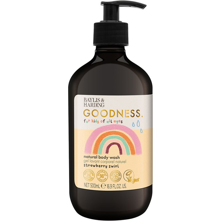 Baylis & Harding Goodness 500 ml kroppsvask for barn i mørk flaske med pumpe og fargerik regnbue.