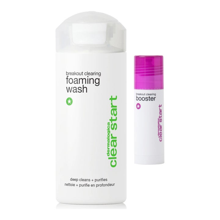 Dermalogica Clear Start Breakout Clearing Booster og Foaming Wash mot urenheter i hvite plastflasker med lilla og hvit kork