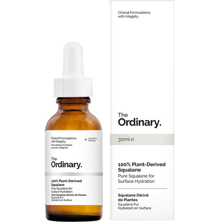 The Ordinary 100% Plant-Derived Squalane 30ml hydrerende ansiktsolje i mørk glassflaske med hvit pipette og eske.
