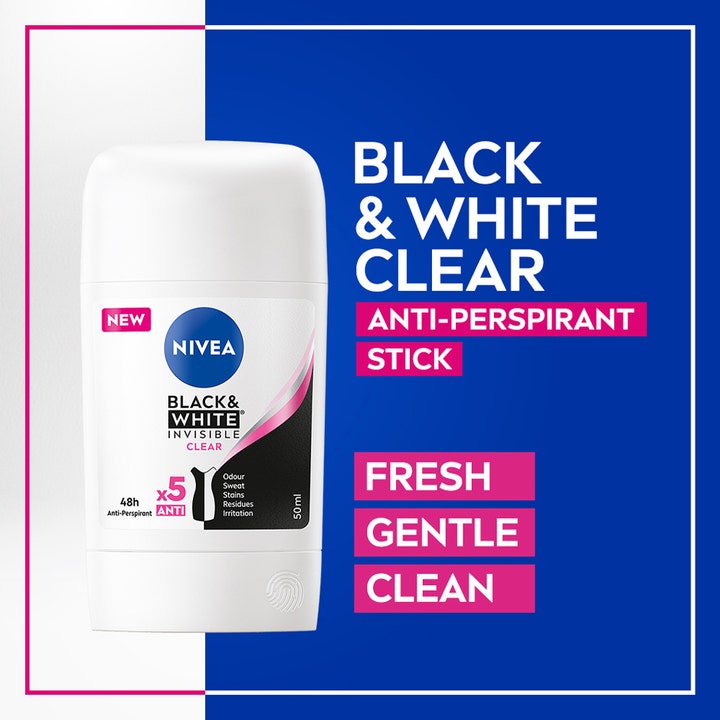 NIVEA Black & White Anti-Perspirant Stick 50 ml motvirker flekker i hvit hylse med tekstene fresh, gentle og clean