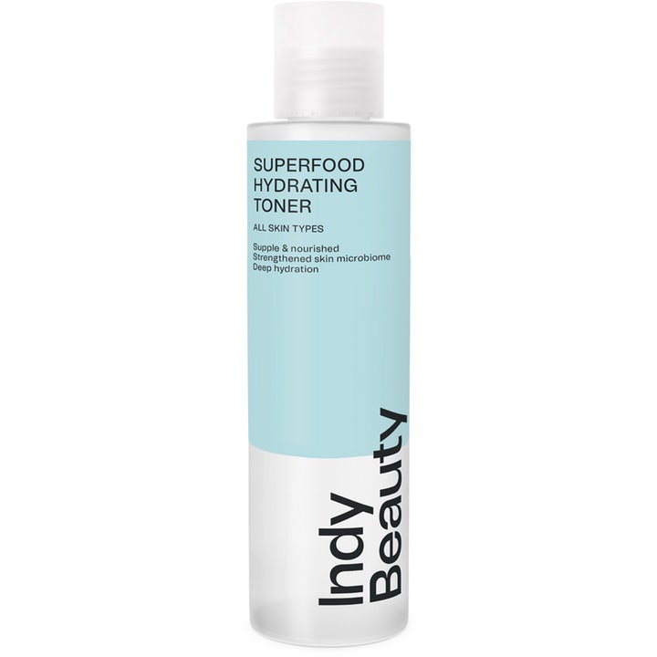 Indy Beauty Superfood Hydrating Toner 200ml gir dyp fuktighet i frostet plastflaske med lyseblå etikett og hvit kork.