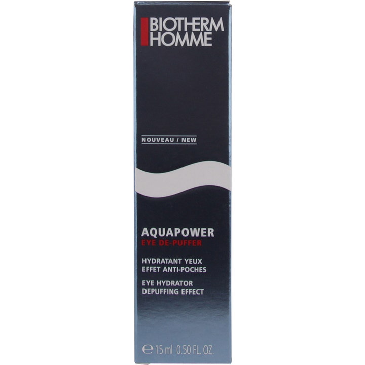 Biotherm Homme Aquapower Eye De-Puffer 15 ml fuktighetsgivende øyekrem i mørkeblå eske som demper hovne øyne