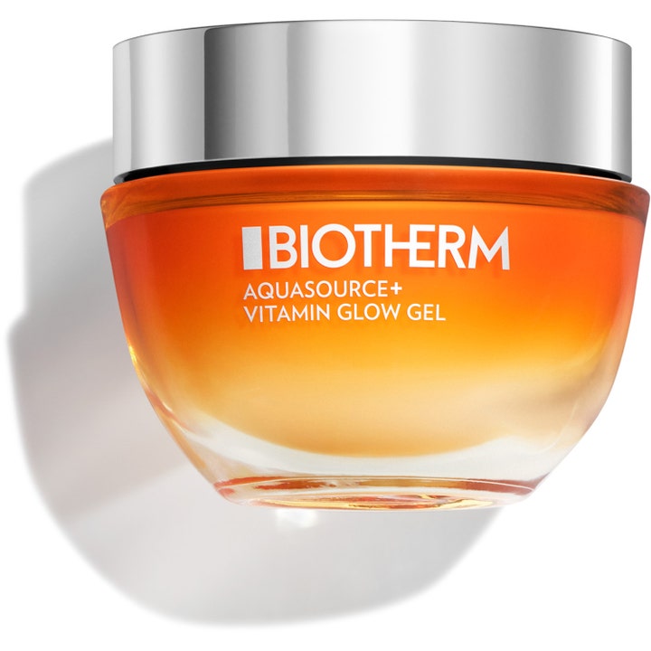 Biotherm Aquasource Vitamin Glow Gel 50ml fuktighetskrem gir huden glød i en oransje glasskrukke med sølvlokk