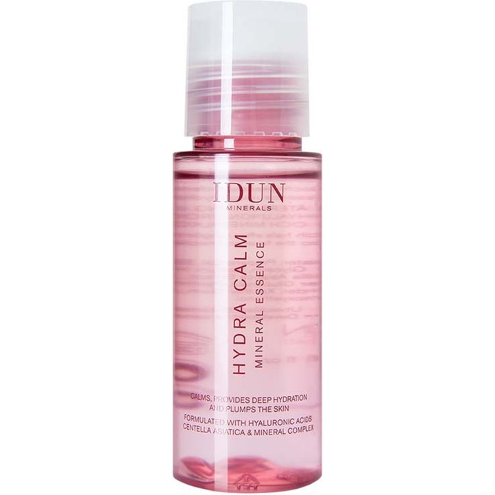 IDUN Minerals Hydra Calm Mineral Essence 100 ml beroligende ansiktsspray i gjennomsiktig rosa flaske med klart lokk.