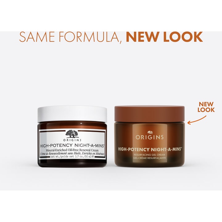 Origins High-Potency Night-A-Mins 50 ml nattkrem som viser gammelt og nytt design på krukker i brunt glass