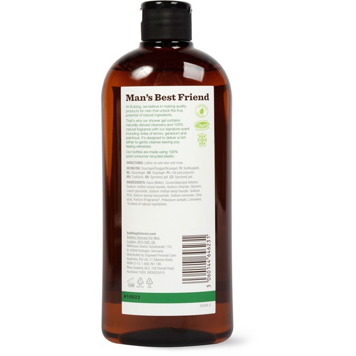 Bulldog Shower Gel Original 500 ml dusjsåpe baksiden av brun flaske med ingredienser og vegansk merking